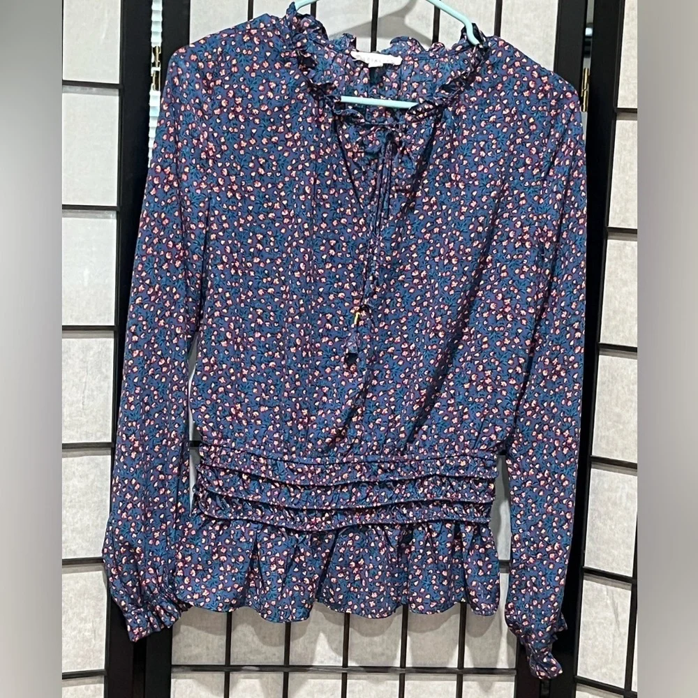 SOCIALITE BLUE DITSY Floral LONG SLEEVE PEPLUM Blouse with Ruffle Details SZ S